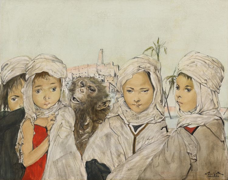 水彩画 Tanti Salute! サン・ジミニャーノ 1998年 Bonhams : A Closer Look at Léonard Tsuguharu Foujita's