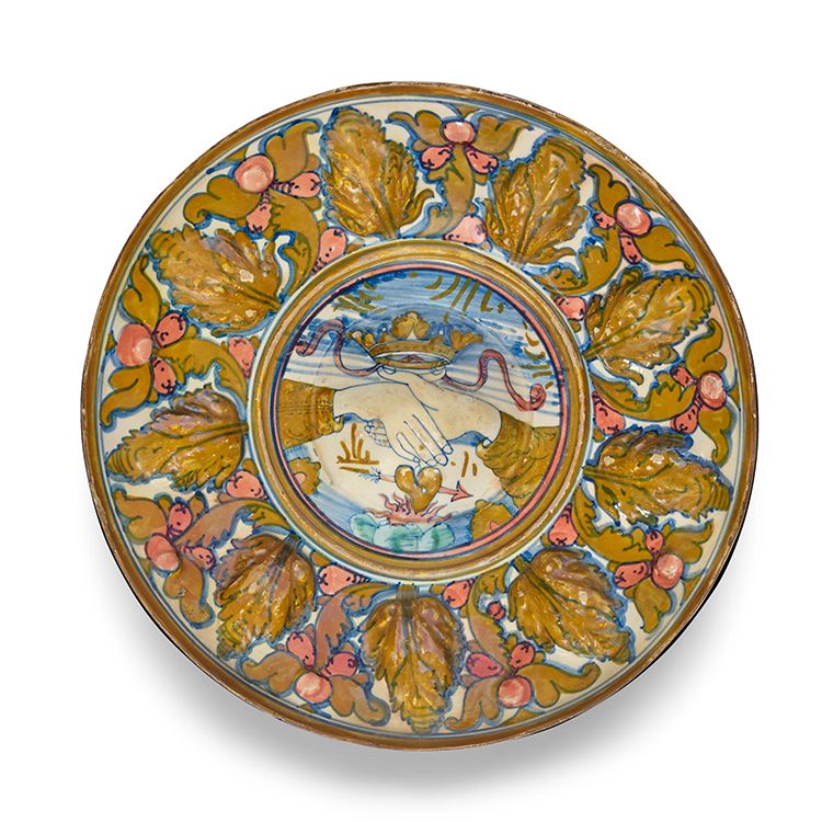 Lot 122. A Gubbio Maiolica Gold and Ruby-Lustered Marriage Dish. Circa 1535. Estimate: $10,000 - $15,000