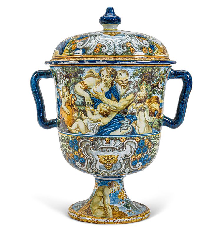 Lot 130. A Documentary Castelli Maiolica Two-Handled Vase and Cover. Grue Family Workshops, Liborio Grue, circa 1740. Estimate: $25,000 - $35,000