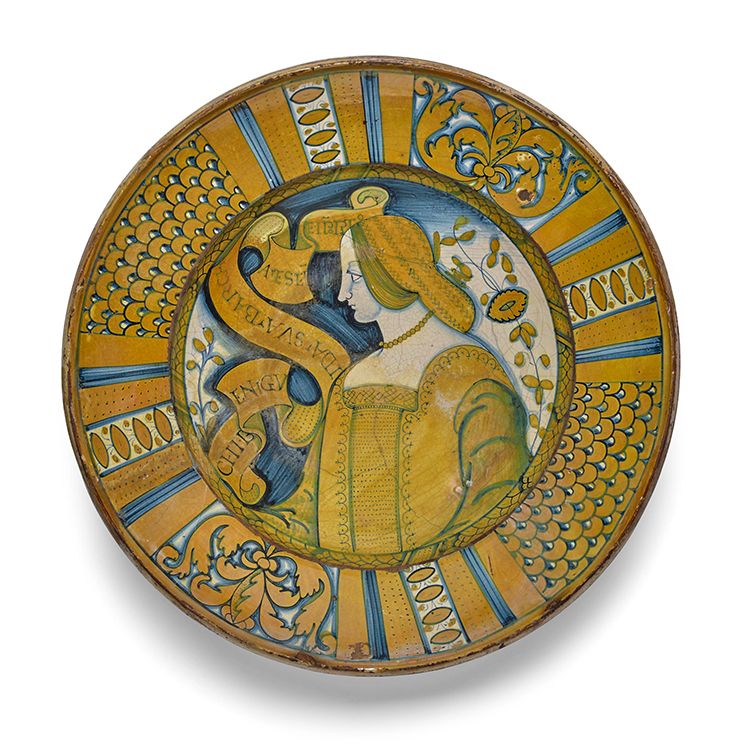 Lot 115. A Deruta Maiolica Gold-Lustered Bella Donna Charger. Circa 1530. Estimate $25,000 - $35,000