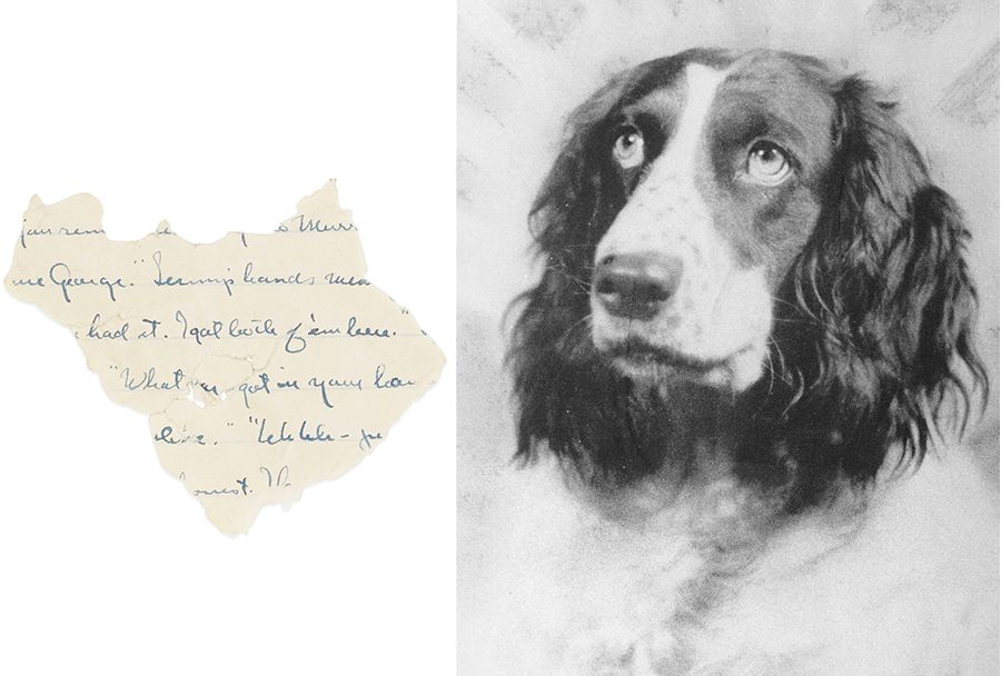 Lot 27. A FRAGMENT OF THE ORIGINAL DRAFT OF OF MICE AND MEN, EATEN BY THE DOG. Autograph Manuscript, small fragment from Steinbeck's original handwritten draft for Of Mice and Men destroyed by his dog Toby, approx. 63 x 50 mm. Estimate: $2,000 - $3,000