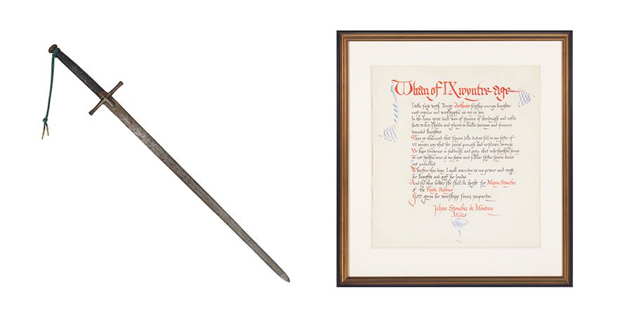 Lot 84. AN ARTHURIAN SWORD PRESENTED BY JOHN STEINBECK TO HIS SISTER, MARY, TOGETHER WITH HER "KNIGHTHOOD INVESTITURE." Estimate: $2,000 - 3,000
