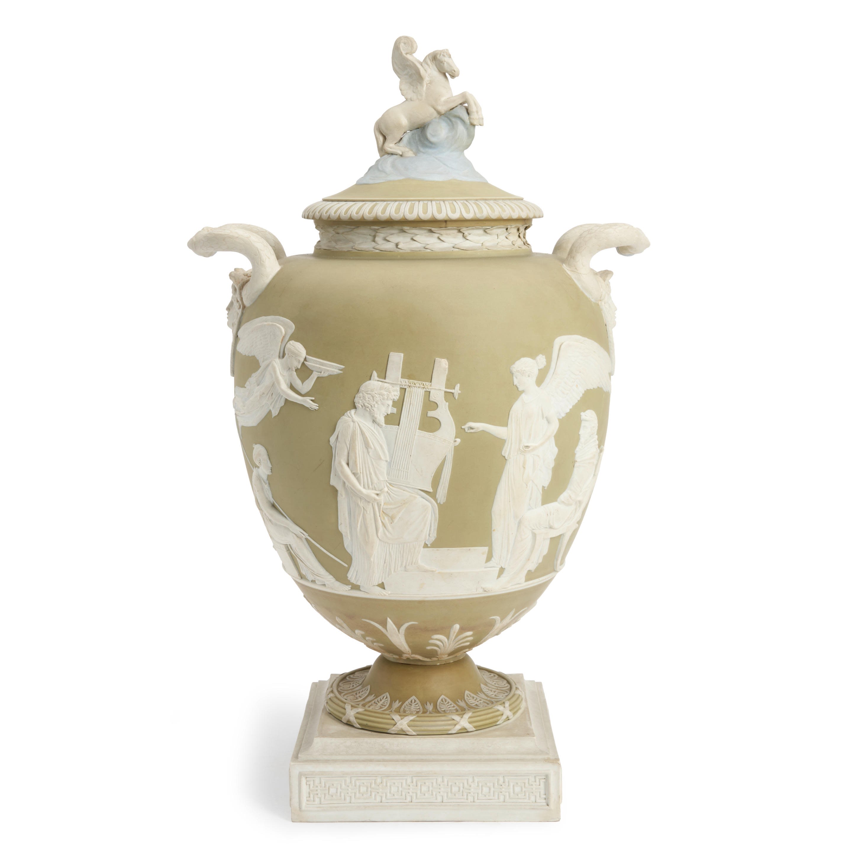 Wedgwood Green Jasper Dip Pegasus Vase and Cover, England, 19th century. Estimate: US$1,500 - US$2,500.