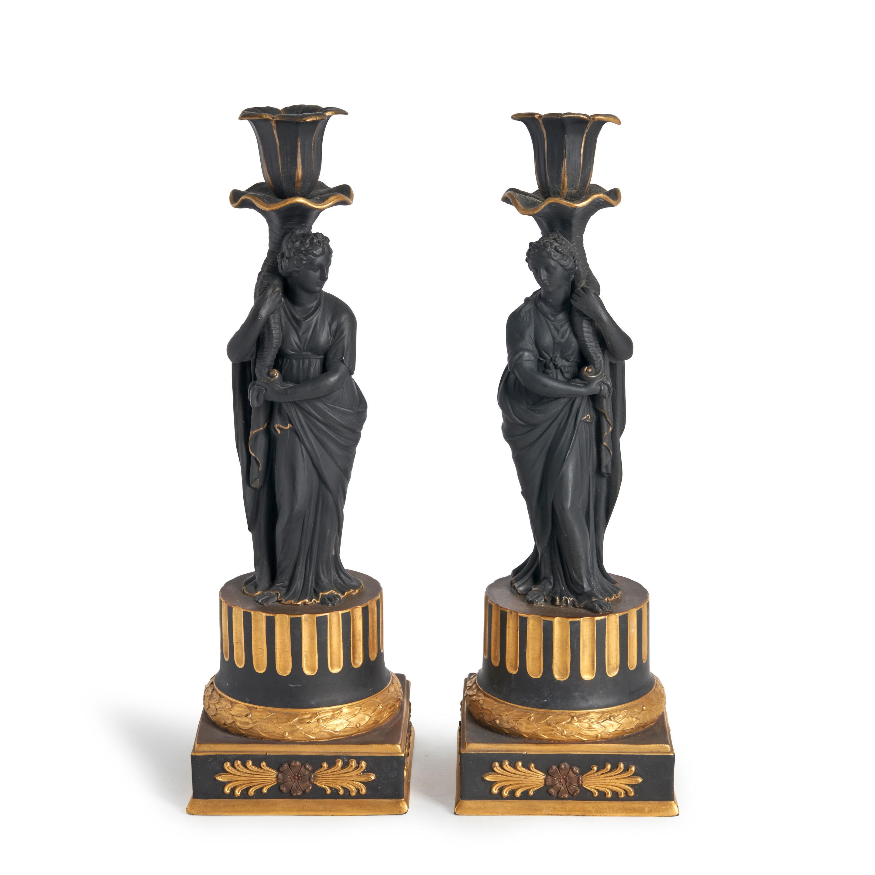Pair of Wedgwood Bronze and Gilt Black Basalt Figural Candlesticks, England, late 19th century. Estimate: US$2,000 - US$3,000.