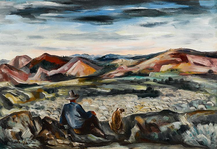 Lot 88. Bror Julius Olsson Nordfeldt; Shepherd and dog, 1937. Sold for $40,000