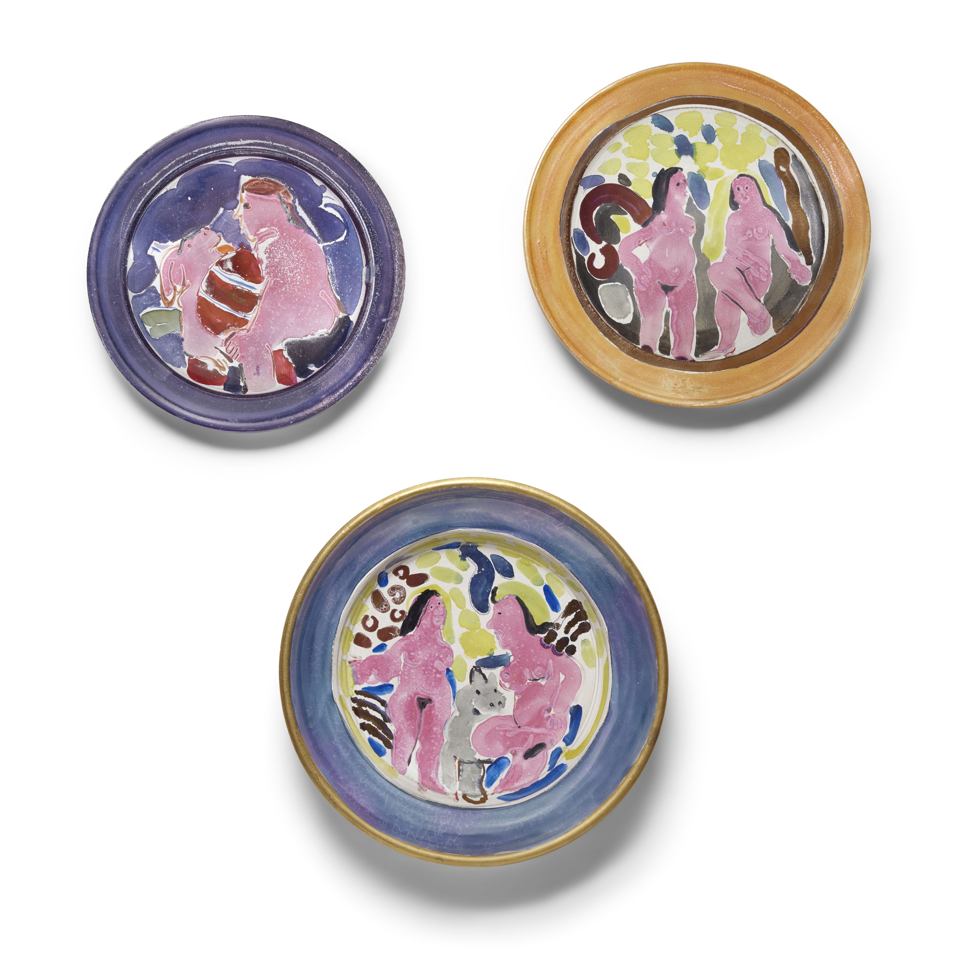 Viola Frey, Plate (Blue Rim with Nude Ladies), Plate (Lady and Dog Theme, Blue and Purple), Plate (Nude Ladies, Gold and Pink) 1970. Estimate: $1,500 - $2,500. Offered in Modern Design | Art, October 24, 2023, Los Angeles.