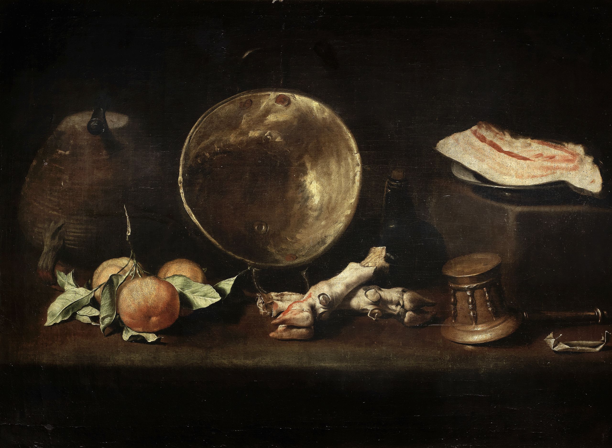 School of Seville, circa 1630 - 1690, Still life with a knife resting on an earthenware jug, a copper cauldron beside a tin plate with a slice of bacon on a stone step, with three oranges, two pig's trotters, a mortar and pestle and a small paper packet, probably containing spices, on a stone table. Sold for £87,750 inc. premium.