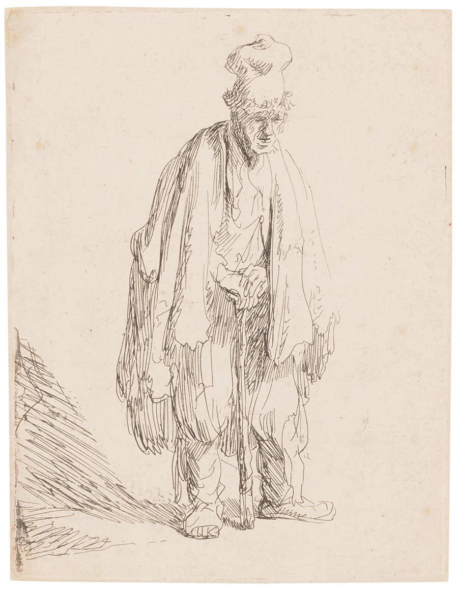 Rembrandt Harmensz van Rijn (1606-1669), Beggar in a High Cap, Standing and Leaning on a Stick. Estimate: $8,000 - $10,000