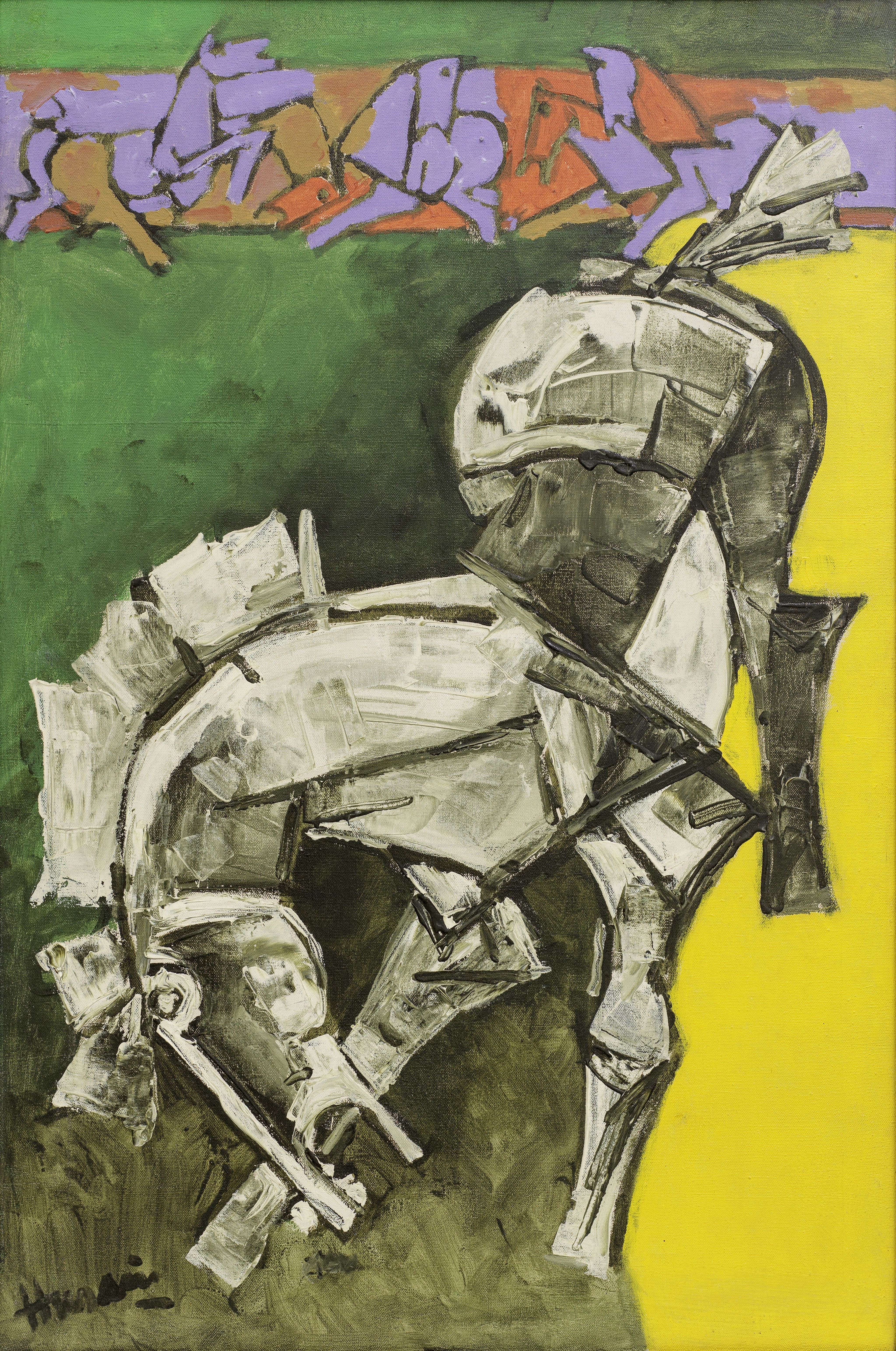 Painting of a grey horse on a yellow and green background