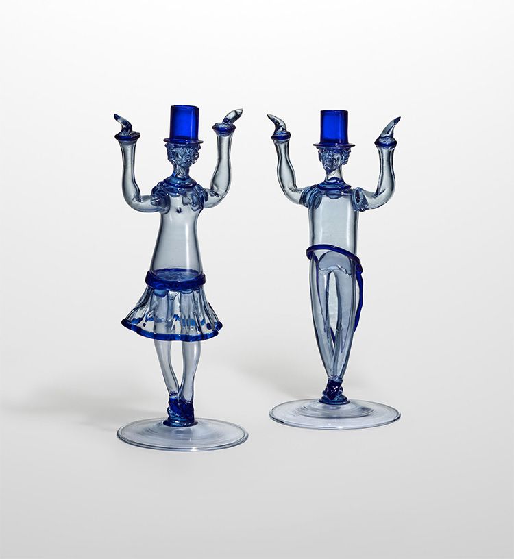 Lot 22. Carlo Scarpa; Pair of Rare Figural Candelabra, circa 1929. Estimate: $8,000 - $12,000