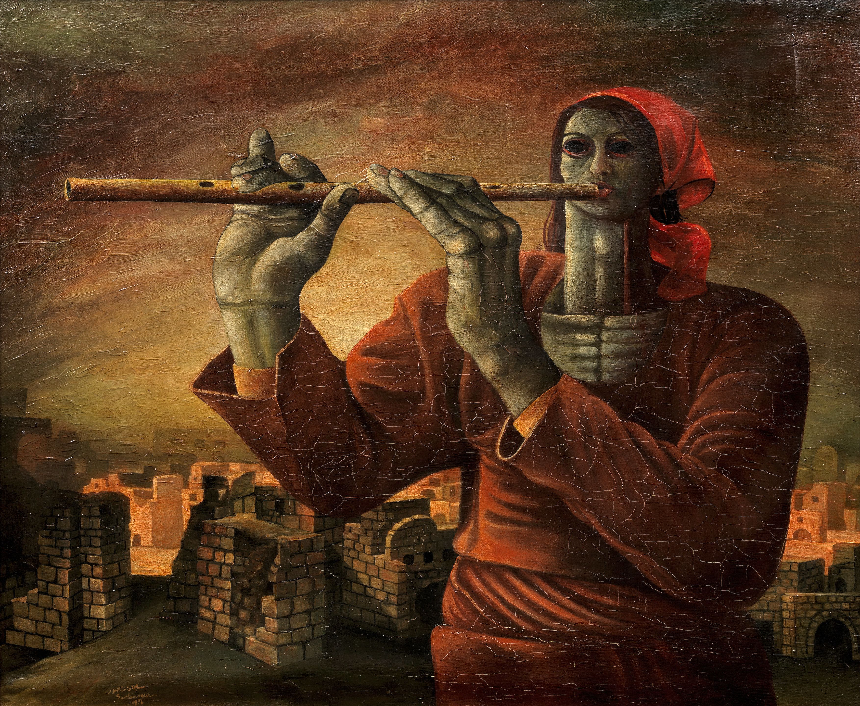 Lot 52. Sliman Mansour, Shaheda Min Tel al-Zaatar (The Witness of Tel al-Zaatar). Estimate: £20,000 - £30,000.