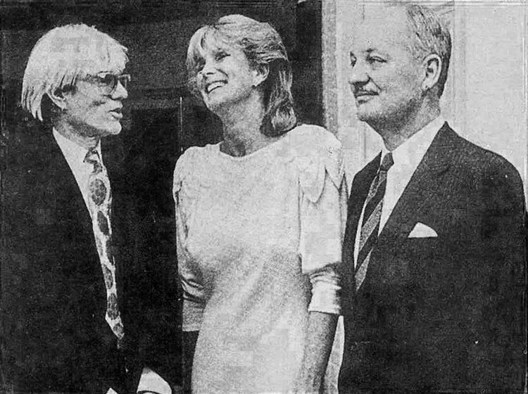 Andy Warhol, Linda Evans and Douglas S. Cramer celebrating Warhol's appearance on Mr. Cramer's TV show, Love Boat, 1985. 
