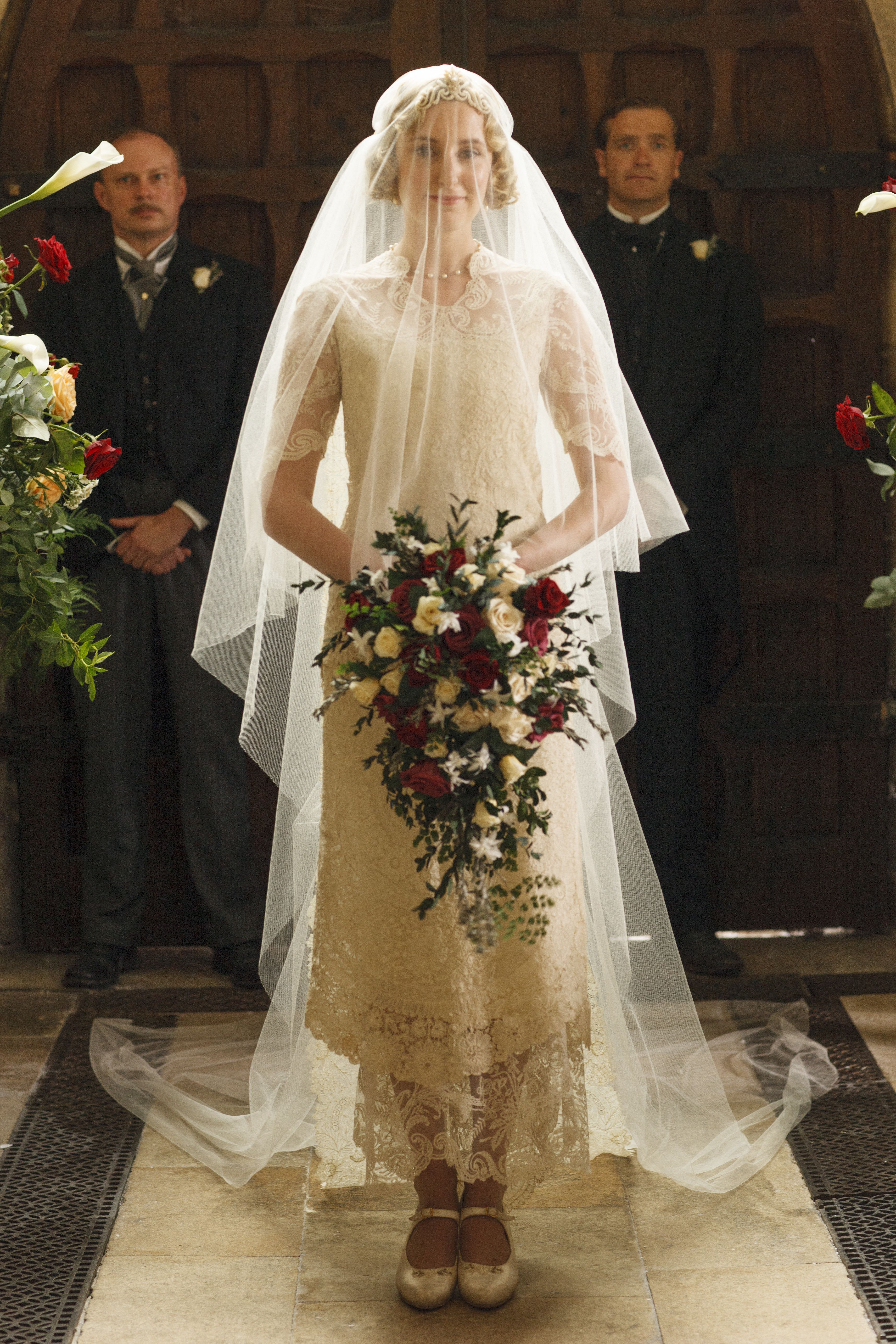 Laura Carmichael (as Lady Edith): Wedding Dress and accessories, worn for the marriage of Lady Edith Crawley to Bertie Pelham, Season 6, Episode 9, 'The Finale'. Estimate: £3,000 - 5,000