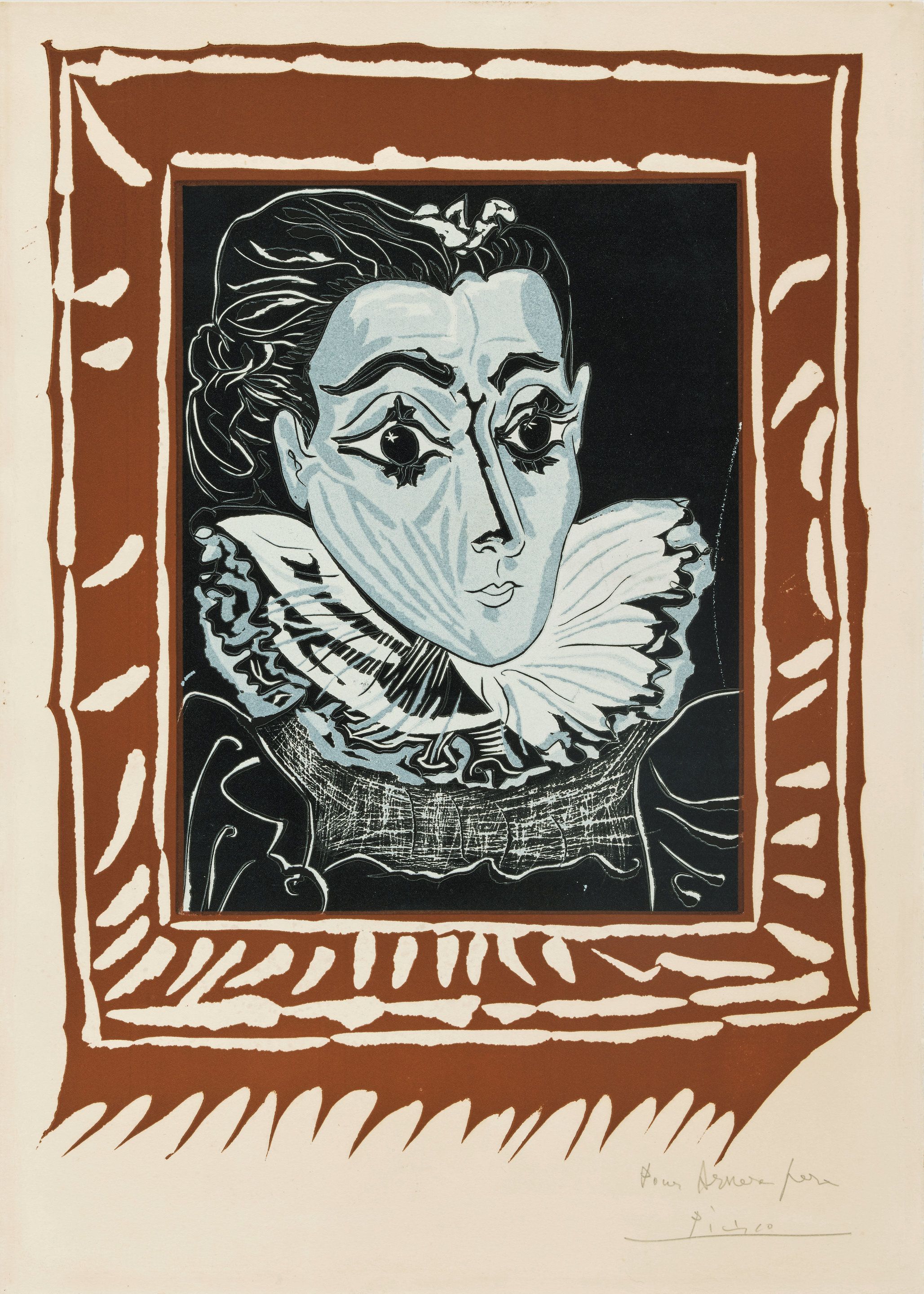 Lot 47. Pablo Picasso (1881-1973); "La Dame à la Collerette (Portrait de Jacqueline à la Fraise)." Estimate: $35,000 - 55,000