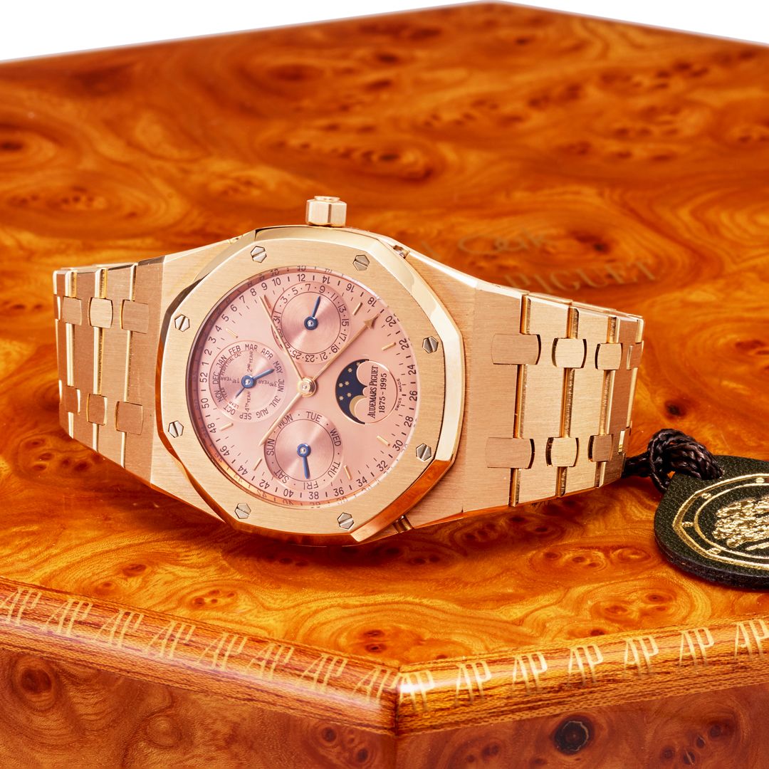 Lot 35. Audemars Piguet. A Limited Edition 18K Rose Gold Royal Oak Perpetual Calendar Automatic Bracelet Watch. Sold for $94,062 in New York.