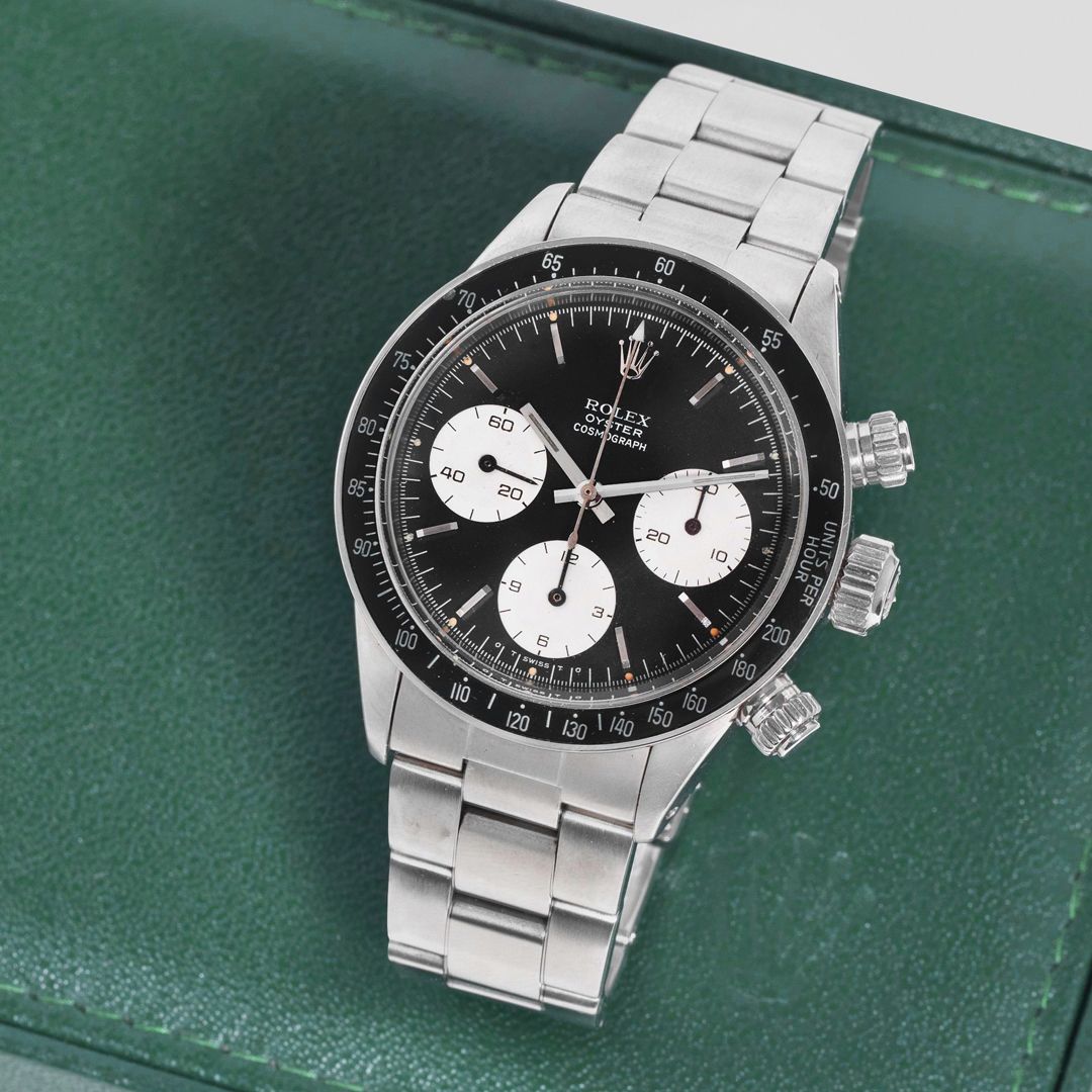 Lot 31. Rolex. A Fine and Rare Stainless Steel Manuel Wind Chronograph Bracelet Watch. Cosmograph Daytona, Ref: 6263/5, Purchased 7th June 1980. Sold for $69,167 in London, New Bond Street.