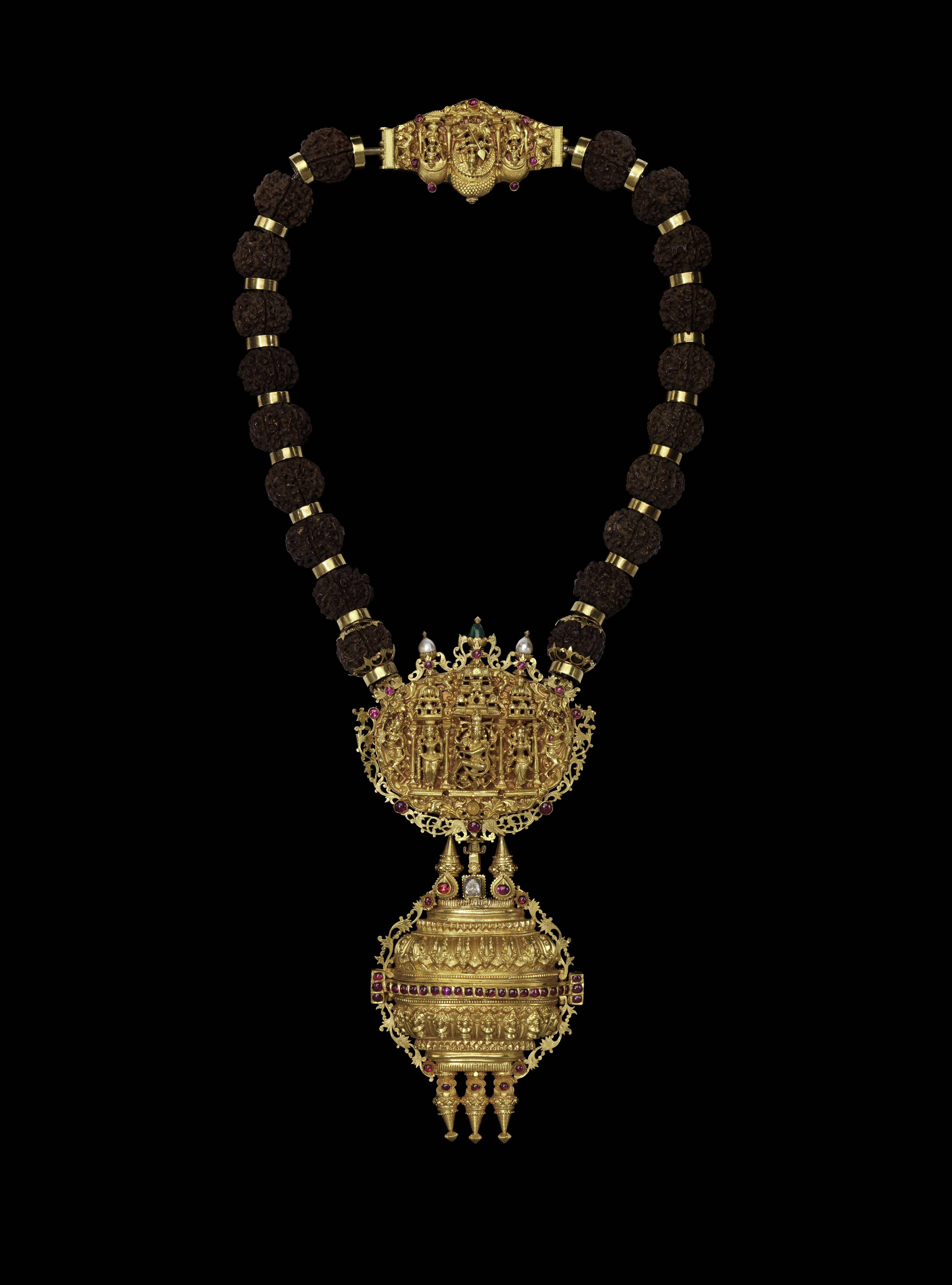 A fine and large gem-set gold rudraksha bead necklace (gowrishankaram), Tamil Nadu, 19th Century. Estimate: £75,000 - 100,000