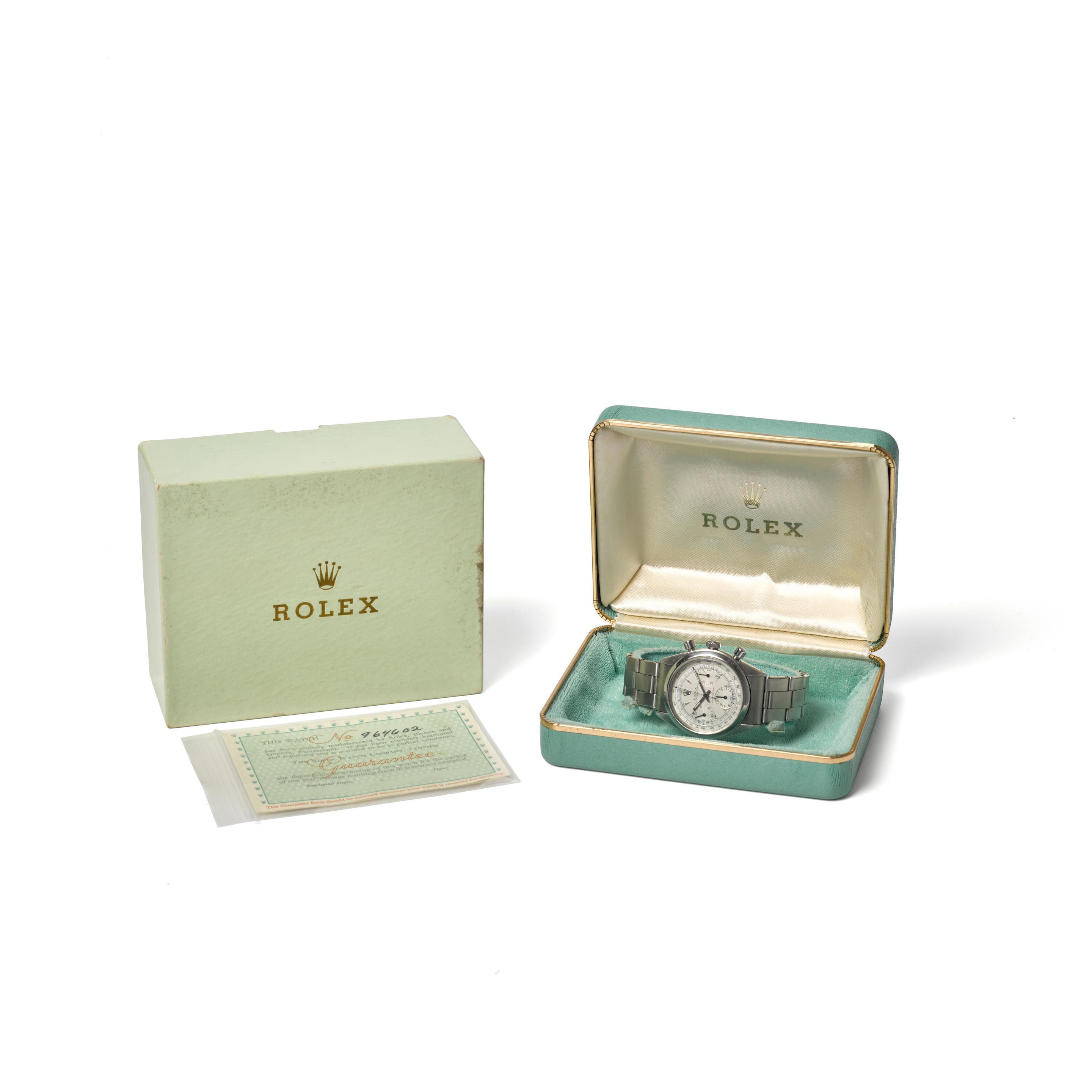 Lot 9. Rolex. A Well Preserved Stainless Steel Manual Chronograph Wristwatch with Bracelet. Estimate $60,000- 90,000