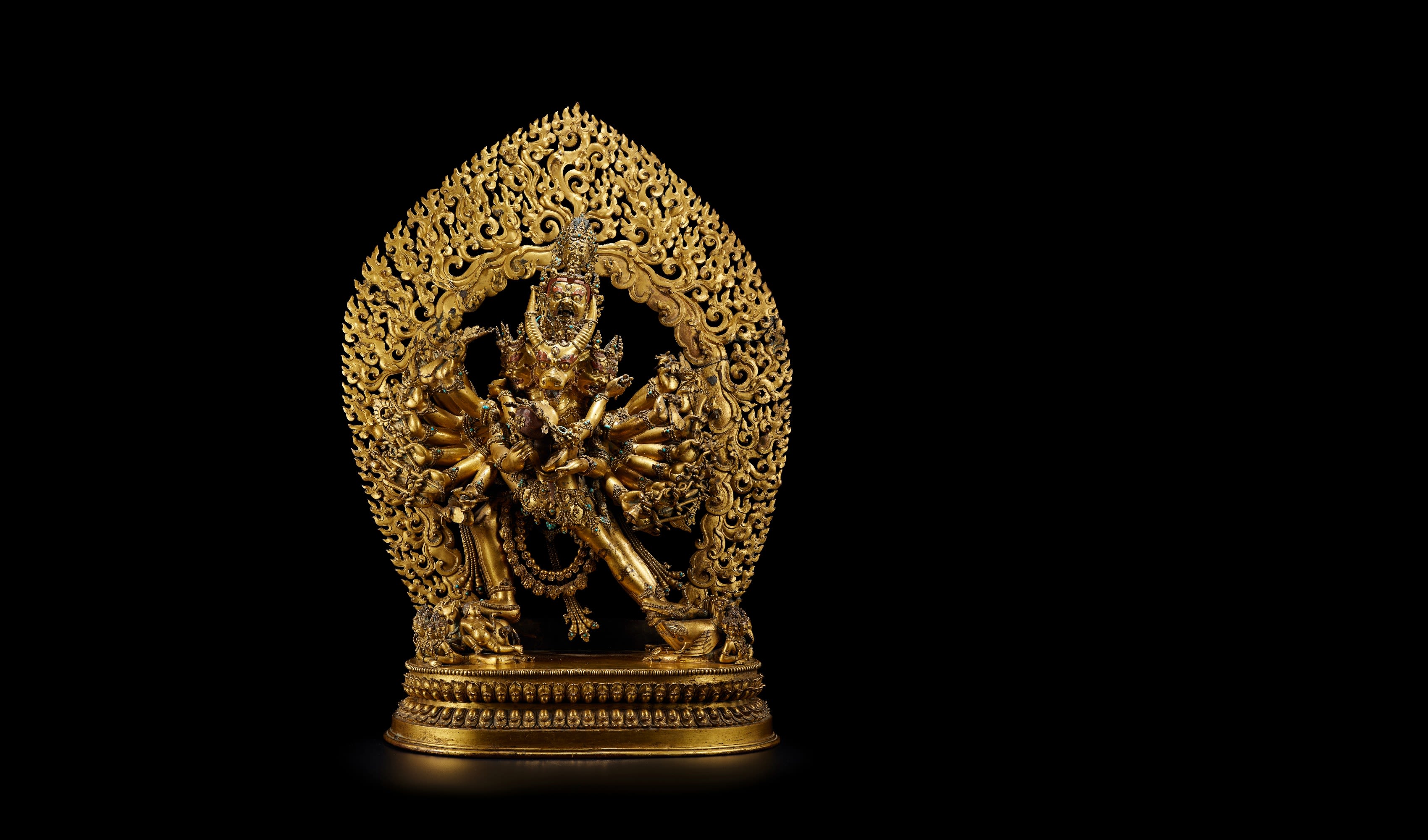 An Exceptionally Rare Large Gilt Copper-Alloy Group of Vajrabhairava and Vajravetali. Tibet, 17th Century. Sold For HK$ 11,335,625 (£ 1,065,878) Inc. Premium