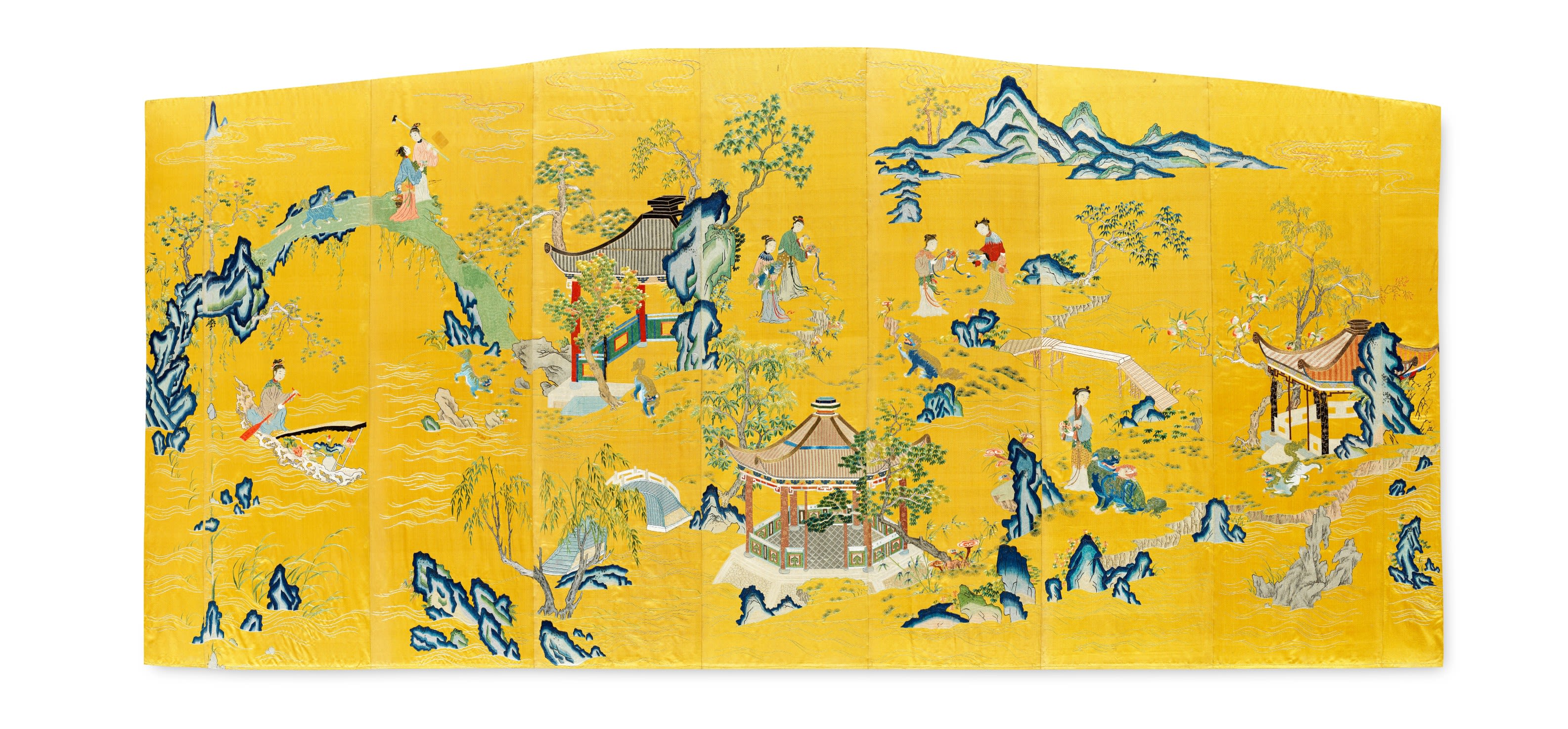 AN EXCEPTIONALLY RARE IMPERIAL YELLOW-GROUND SILK EMBROIDERED 'LADIES AND LIONS' SCREEN PANEL Qianlong Sold for £ 325,250 inc. premium