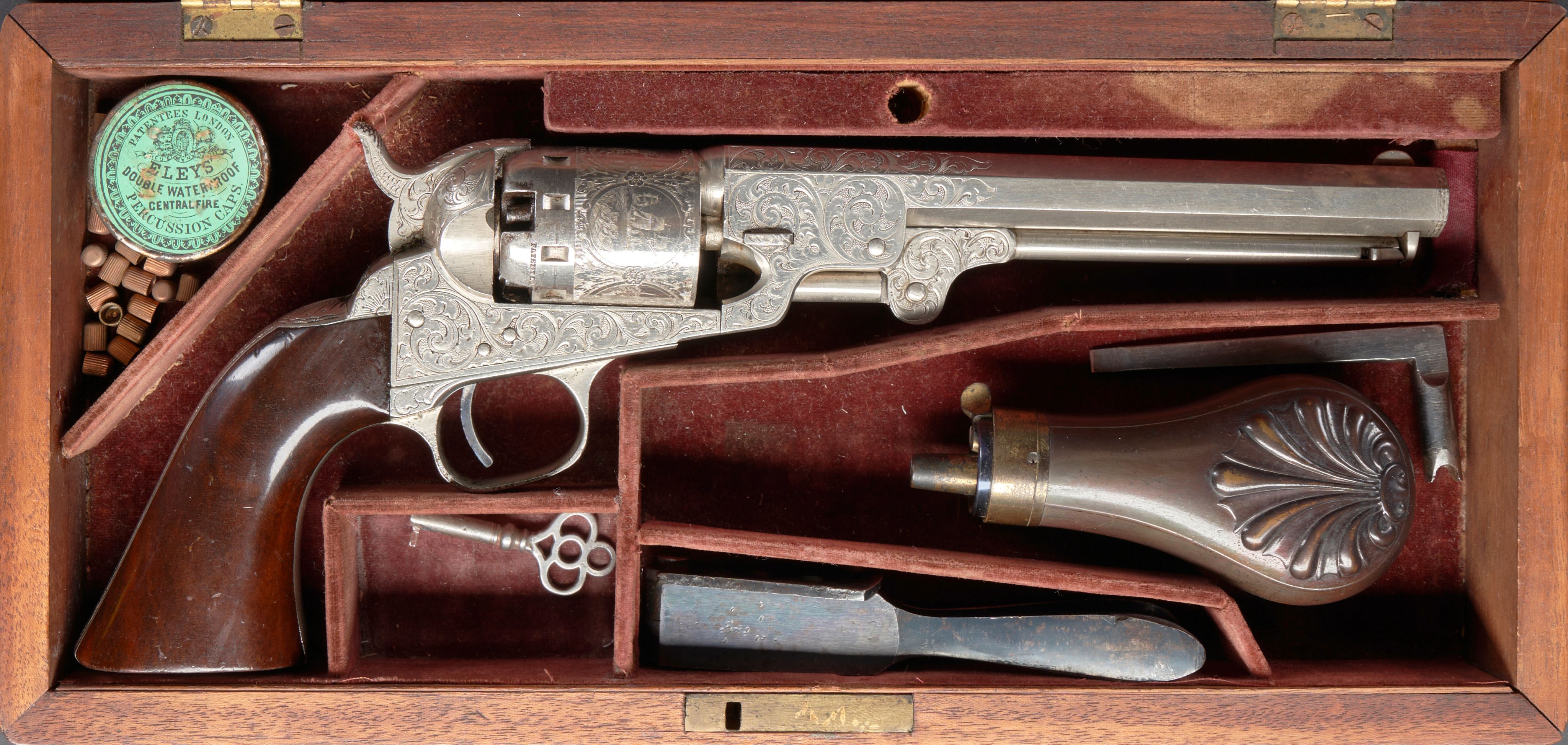 A Cased, Engraved and Nickel-Plated Manhattan Navy Model Series III Revolver, Manhattan Fire Arms Manufacturing Company, Newark, New Jersey, 1861-64. Estimate: $3,000-$5,000.