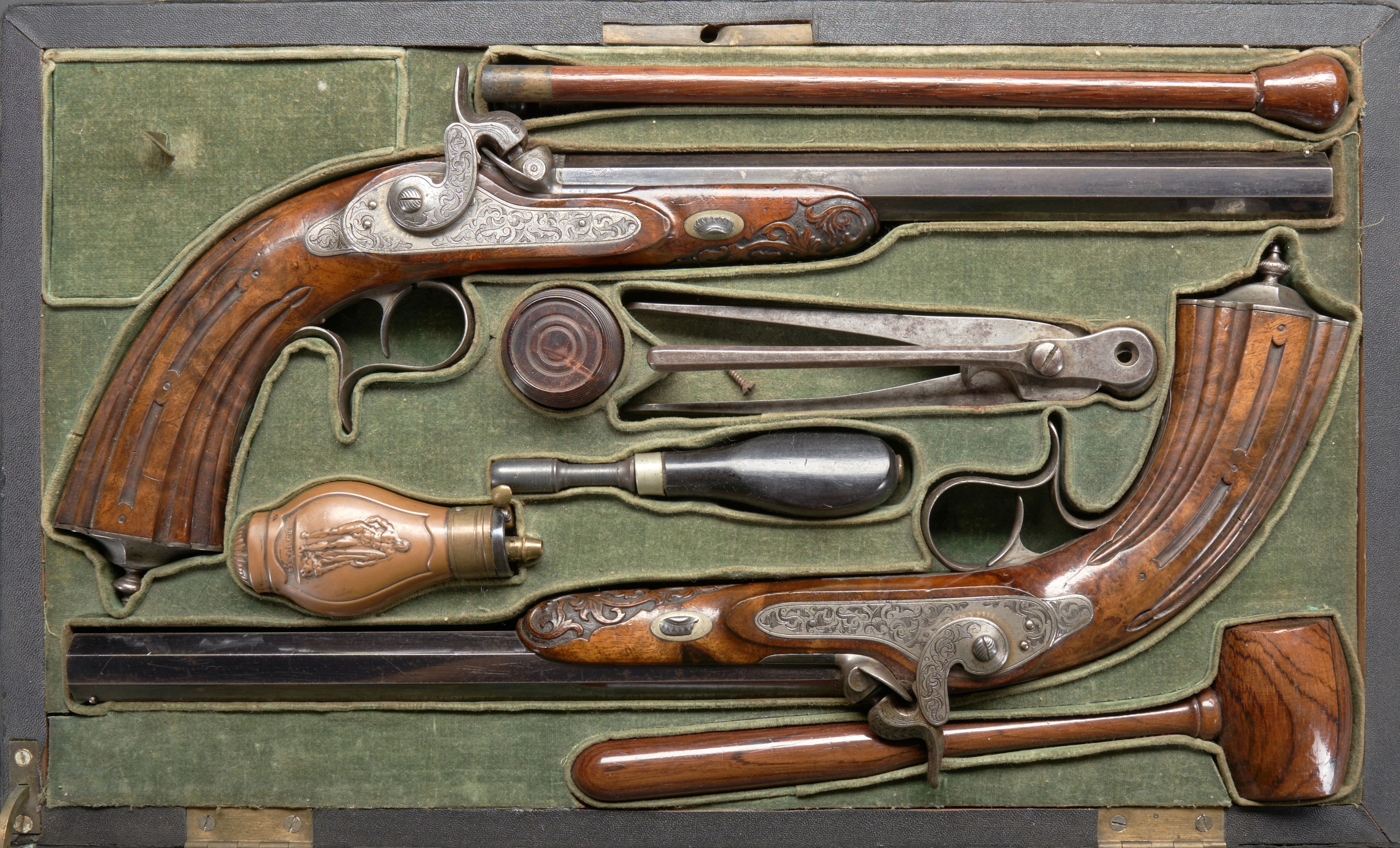 A Cased Pair of French Percussion Dueling Pistols, by Henry Rieger, Successor, Maison Lefaucheux, Paris, late 19th century. Estimate: US$1,000 - US$1,500.