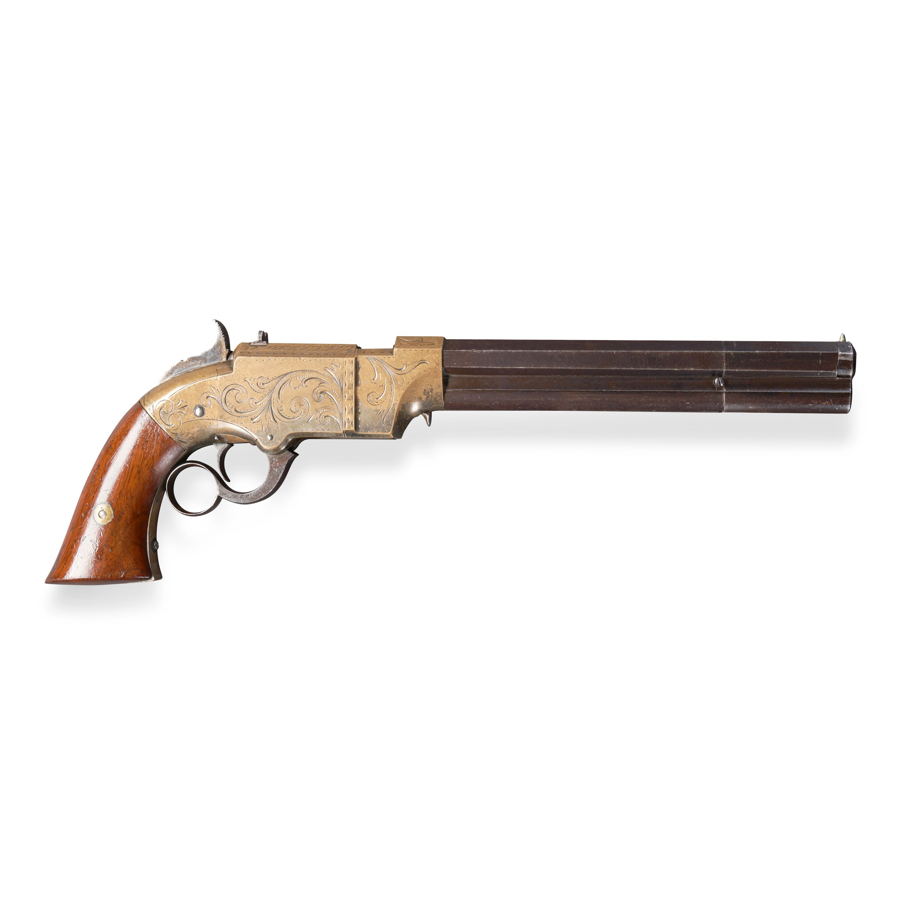 A Rare Engraved Volcanic Repeating Arms Company Lever Action Pistol, New Haven, Connecticut, c. 1855. Estimate: $6,000-$8,000.